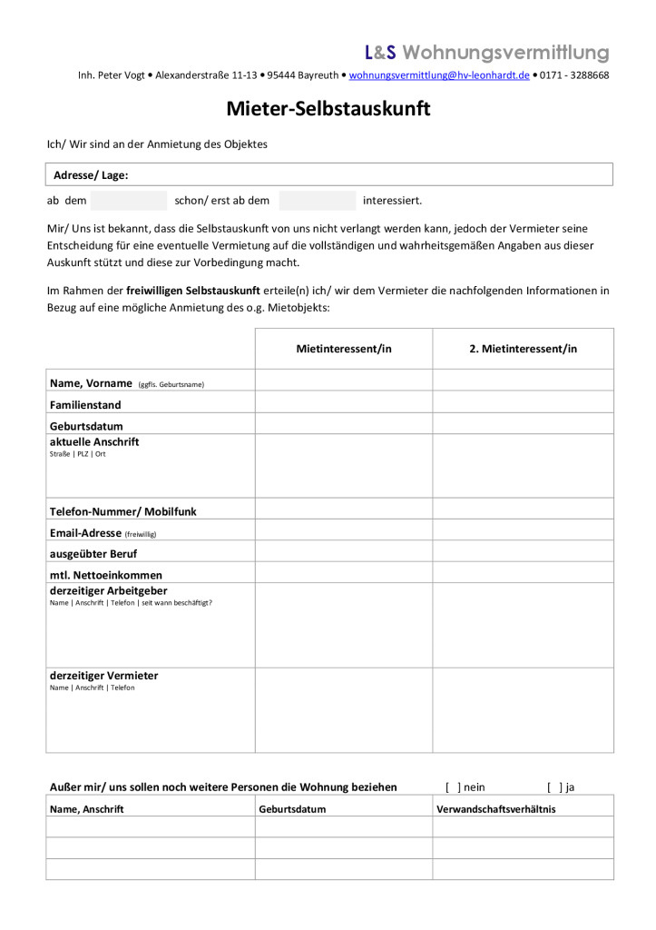 Mieterselbstauskunft - Formular zum kostenlosen Download | Hausverwaltung Leonhardt & Sohn Bayreuth